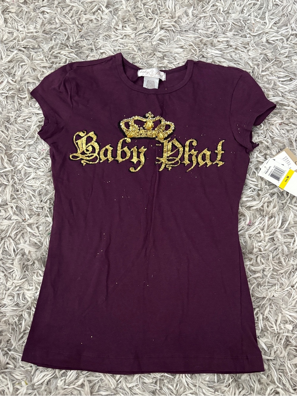 VINTAGE Y2K NWT Baby Phat Glitter Crown Graphic Baby Tee - Purple Medium